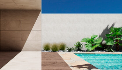 Wall Mural - Tropical garden and swimming pool in modern luxury vacation house. Desert architecture design background. Mediterranean villa with empty concrete wall, palm tree, poolside and patio space.