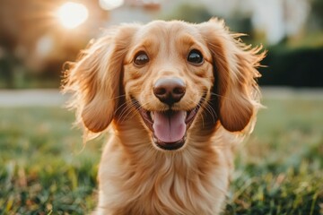 Poster - A Close-Up Portrait of a Smiling Golden Dog with Furry Ears