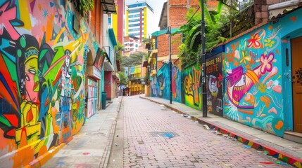 Colorful Street Art Alley in Comuna 13, Medellin, Colombia