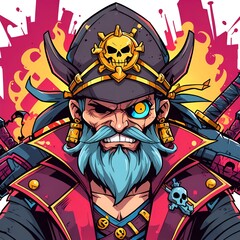 Poster - A fierce, cartoon pirate with an eyepatch and a long, blue beard, wearing a red and gold jacket, a black hat, and wielding two swords