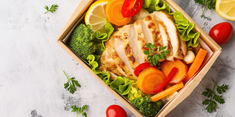 Healthy grilled chicken salad with fresh vegetables in a takeout box