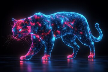 Wall Mural - A glowing, digital representation of a panther in vibrant blue and pink colors.