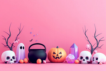 Halloween banner with witch cauldron, ghost, crystal, skulls. Scary. Halloween party poster