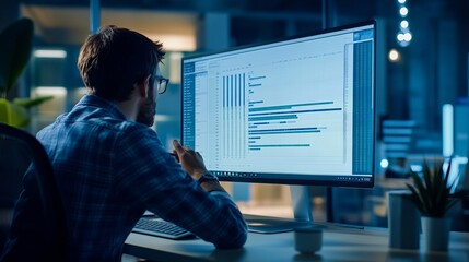 A man wearing glasses sits in front of a computer monitor, analyzing a complex data chart.