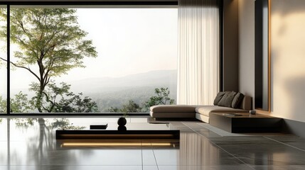 Wall Mural - modern minimalist living room , minimalist living room design , glass coffee table living room , large window living room