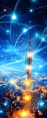 Poster - Cityscape with Communication Tower and Futuristic Lights.