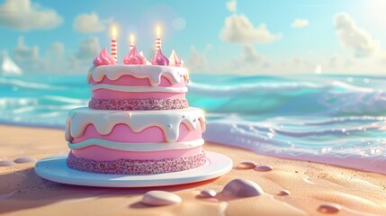 Wall Mural - A white cake with four candles on top is sitting on a plate on a beach