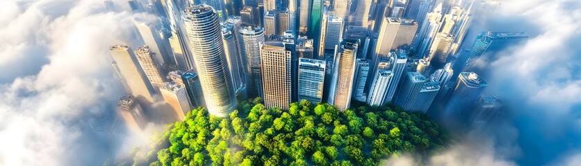 Wall Mural - Cityscape with Green Island in the Clouds.