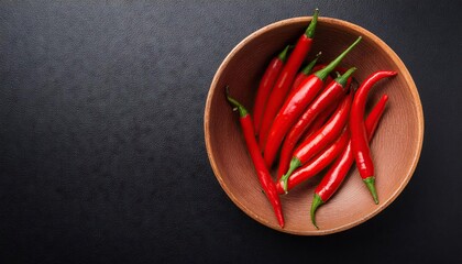 Red chili pepper in a bowl on a black background, top view, copy space