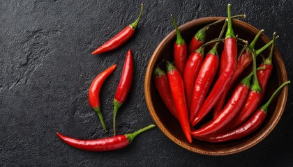 Red chili pepper in a bowl on a black background, top view, copy space