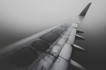 Monochrome Wing of Airplane Soaring Through Cloudy Skies