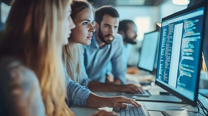 Instructor Guiding Employees Through Computer-Based Training Program for Skill Development