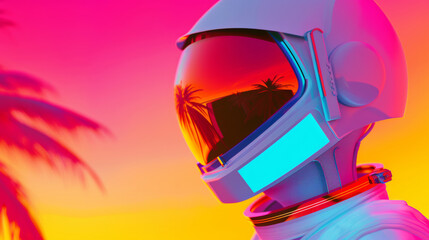 Wall Mural - 3D astronaut illustration with rainbow colorful gradient bold neon lights and vibrant colors in futuristic cyberpunk style with tropical tree for digital cool drinks background