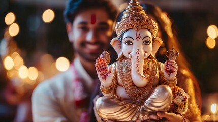 young indian couple holding lord ganesha sculpture in hand. celebrating lord ganesha festival.