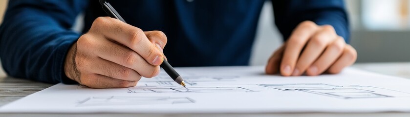 close up of a designer's hand sketching a website layout with pen on white paper, focused on ux desi
