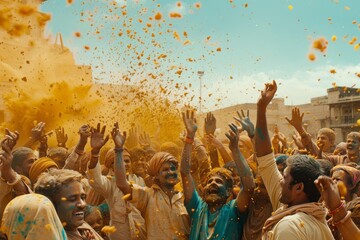 Vibrant Holi Festival Celebration with Joyful Crowd and Colorful Powders