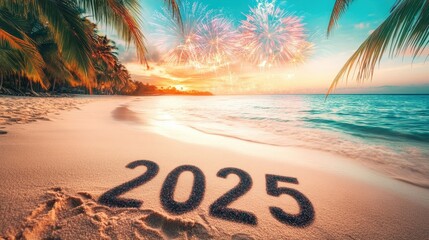 Wall Mural - Tropical Beach Celebration: Welcoming the New Year 2025