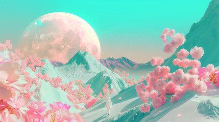 Wall Mural - 3D futuristic planet with green mountains pink trees and huge moon in the sky as fantasy landscape for digital painting dreamy vibrant background