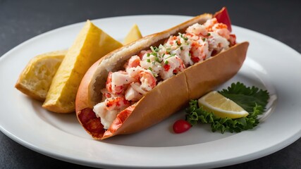 Wall Mural - regional american dishes lobster roll maine isolated on an aesthetic plate, concept for advertisement