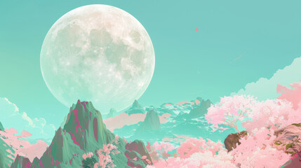 Wall Mural - 3D futuristic planet with green mountains pink trees and huge moon in the sky as fantasy landscape for digital painting dreamy vibrant background