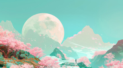 Wall Mural - 3D futuristic planet with green mountains pink trees and huge moon in the sky as fantasy landscape for digital painting dreamy vibrant background