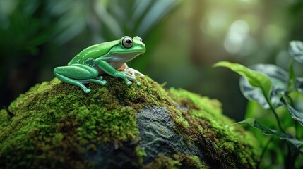 Sticker - Green Tree Frog on Mossy Rock