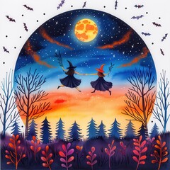 Wall Mural - Watercolor Halloween Witches Flying Under Full Moon and Stars