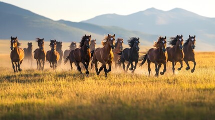 Canvas Print - A Herd of Horses Galloping Through a Field at Sunset