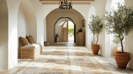 Wall Mural - Bright Mediterranean hallway with arched walls, decorated with terracotta tiles, a wrought iron chandelier, and potted olive trees