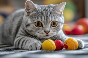 Poster - A Curious Grey Tabby Cat with Bright Yellow Eyes Plays with Toys