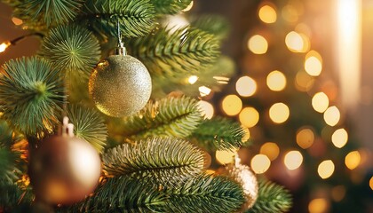 Wall Mural - Christmas Tree With Baubles And Blurred Shiny Lights