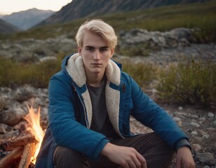Wall Mural - young man sitting by a campfire in the mountains at sunset. generative ai