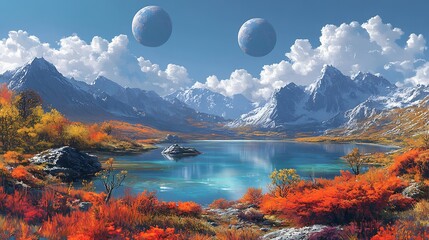 Digital painting of serene alien landscape with two moons in the sky crystal lakes and alien flora with vibrant colors