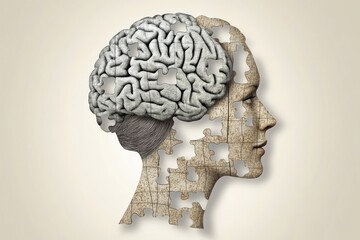 Poster - Cognitive empathy Higher order thinking Side profile of a head with brain and puzzle pieces integrated symbolizing the intricate connections and complexity of human cognition in a conceptual design