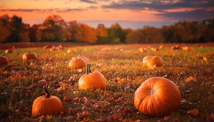 Wall Mural - Pumpkin Harvest in Autumn Field With Vibrant Foliage at Dusk