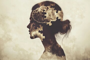 Poster - Interbrain communication Higher order thinking Side profile of a woman with puzzle piece silhouette symbolizing fragmented memories and identity in a subtle artistic composition