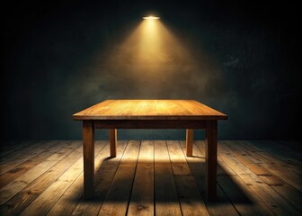 A dimly lit, atmospheric wooden table sits isolated in a dark, moody environment, illuminated only by a faint, eerie glow from an unseen source.