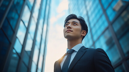 A handsome young Chinese businessman stands in front of the glass building, wearing business attire and looking up at it with confidence from the side. Sunlight shines on his face