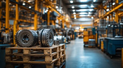 A logistics hub featuring a pallet loaded with heavy-duty machinery parts, ready for transport, with industrial tools and equipment in the background