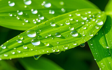 The nature of dark green leaves in the garden with dewdrops in the morning. Close-up macro photo