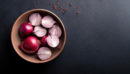 Wall Mural - Red onion in a bowl on a black background