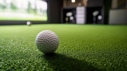 A golf ball resting on artificial turf inside an indoor golf simulator, showcasing high-tech sports practice. -