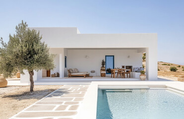 Wall Mural - a white minimalist villa on a Greek island, with white walls and a blue roof, a pool with a light grey pattern, an olive tree nearby, beige terracotta tiles