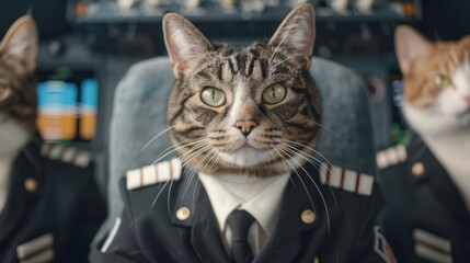 Adorable cats dressed as pilots in a cockpit, creating a whimsical and charming scene perfect for aviation or pet lovers.