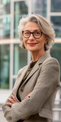 Wall Mural - A woman in a gray jacket and glasses is smiling. She is wearing a suit and has her arms crossed