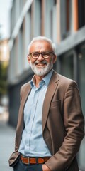 Wall Mural - A man in a brown jacket and blue shirt is smiling. He is wearing glasses and has a beard