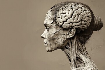 Poster - Cognitive empathy Neural pathways Side profile of woman with a brain exposed and textured skin symbolizing complexity of human thought and interplay between mind and body in a monochromatic setting