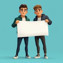 3D cartoon young men with blank banner