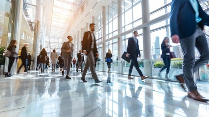 Bustling modern office lobby with professionals in motion, reflecting corporate energy and dynamic workplace culture in a bright, airy atrium setting.