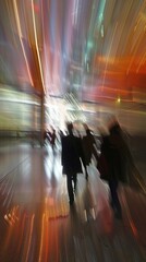 Wall Mural - abstract urban scene: blurred silhouettes of people walking amidst streaks of vibrant colors, creati